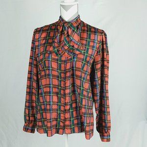VTG Shapely Secretary Blouse Top Red Plaid Holiday